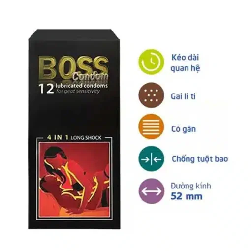 Bao cao su Boss 4in1 – Gai gân, kéo dài, Size 52mm (12 cái)